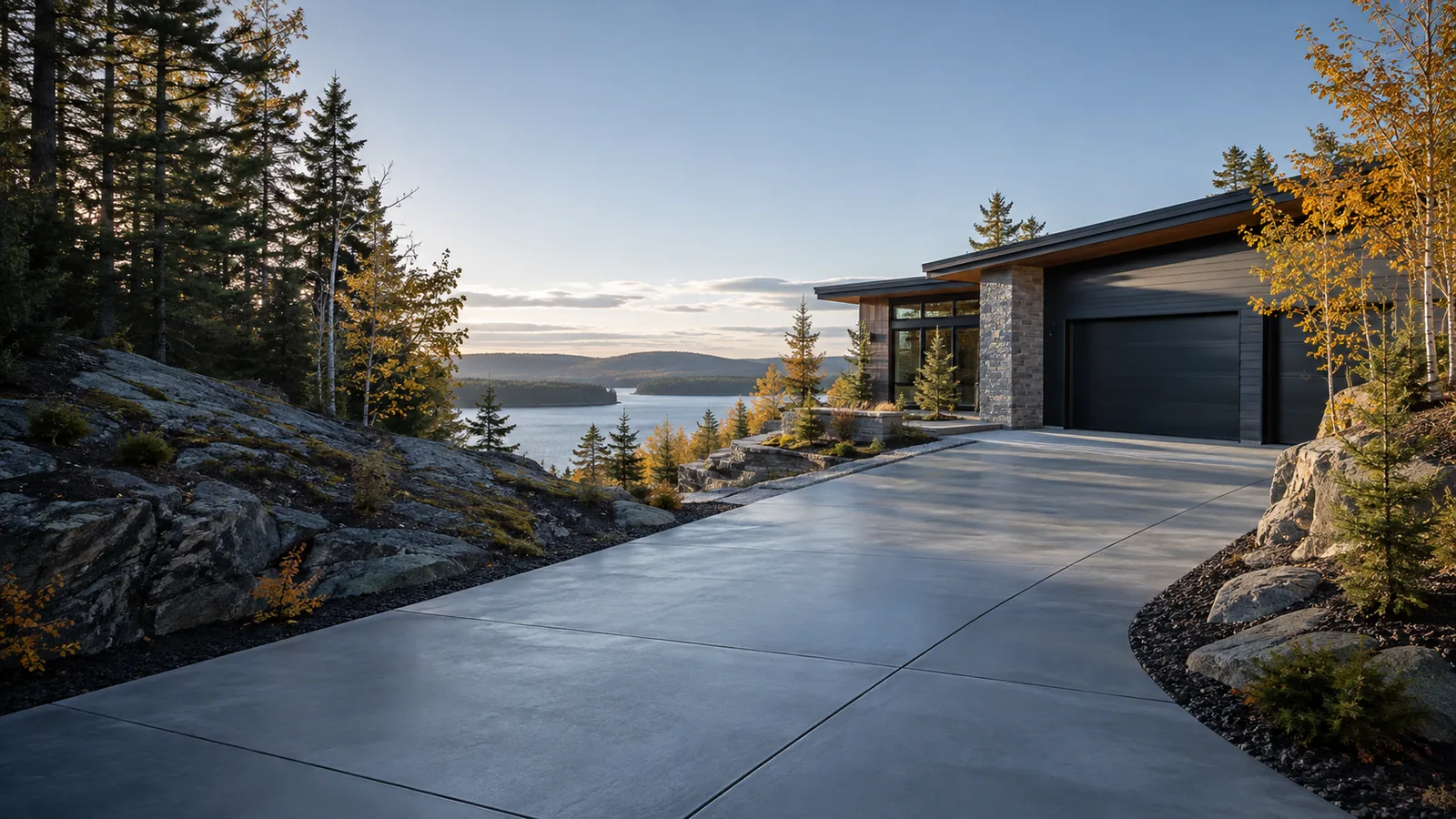 Finished concrete driveway beside granite and a lake near Sudbury