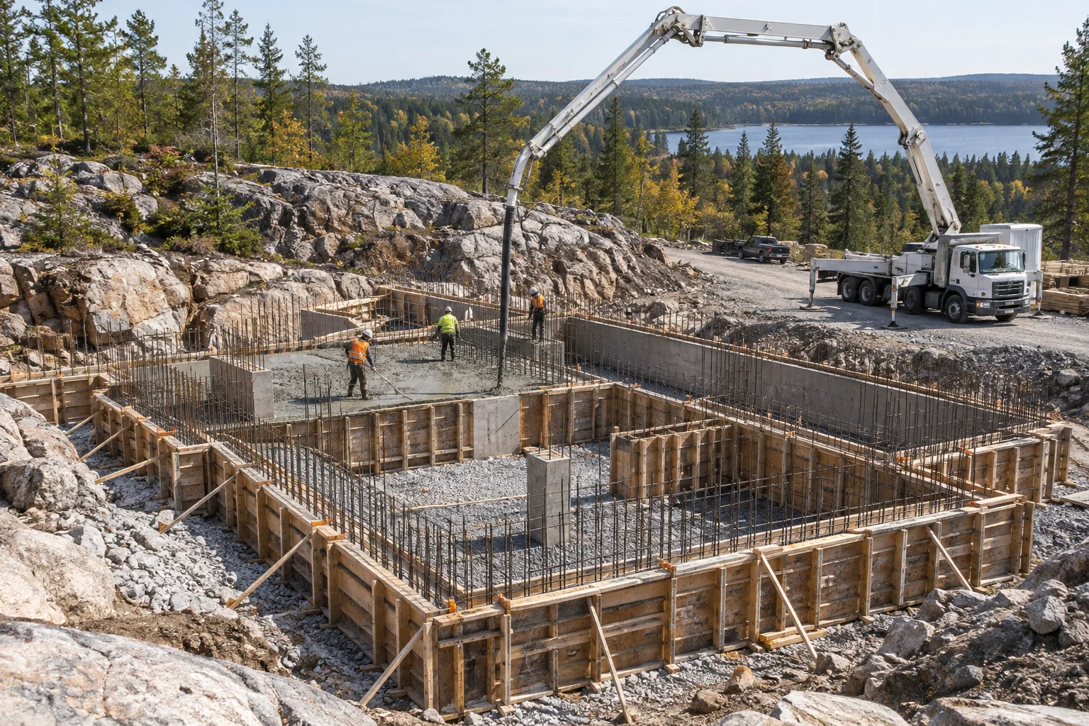 Poured concrete foundation being built among Sudbury granite outcrops